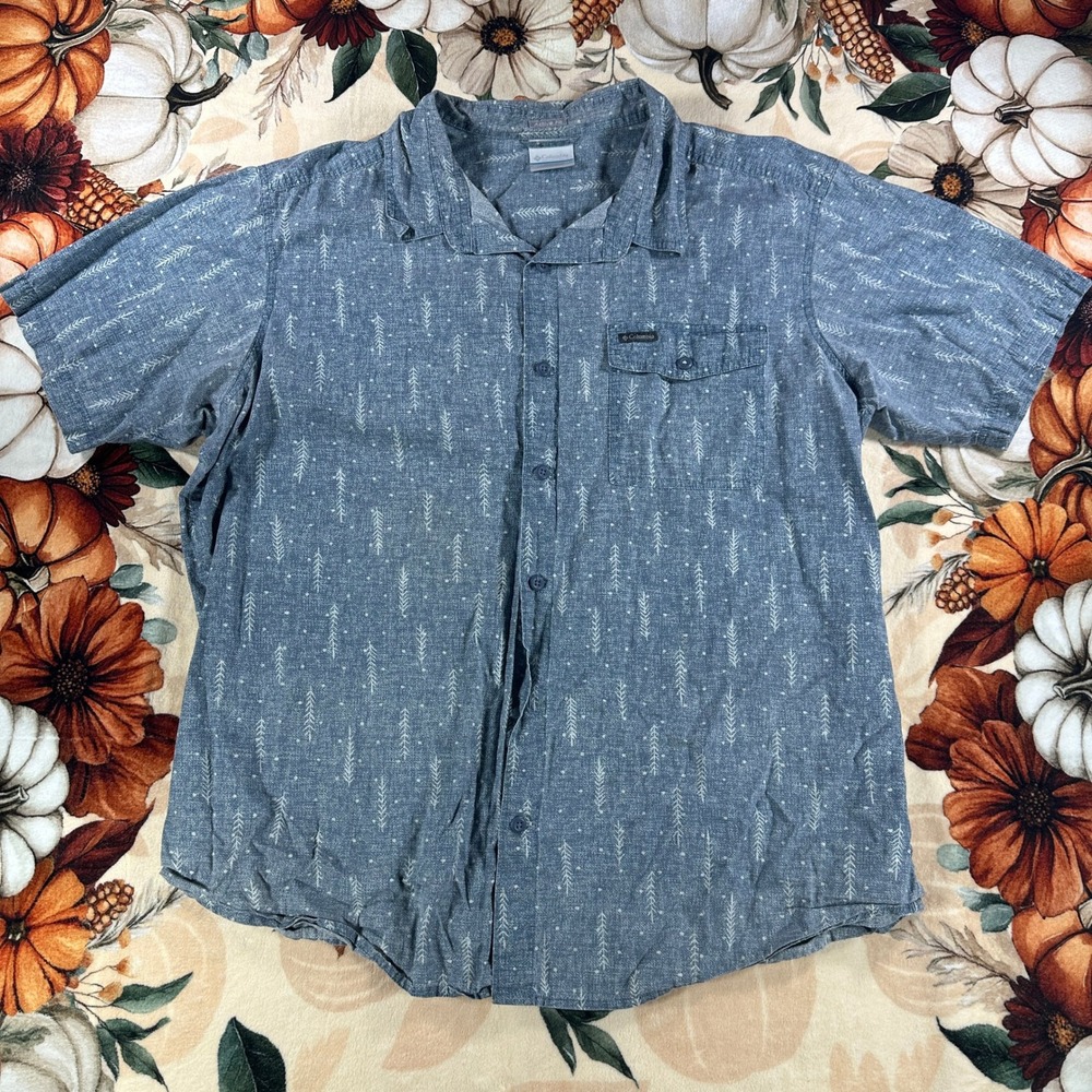 Columbia Mens XL Active Fit Short Sleeve Button Down Shirt Blue Landscape Print